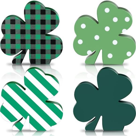 4 Pcs St Patricks Wooden Shamrock Table Signs Irish Lucky Wood Table Centerpiece - Picture 1 of 7